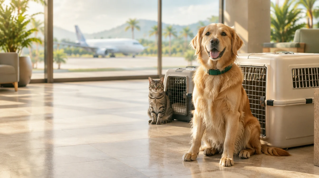 Seekor anjing golden retriever dan seekor kucing belang di samping kandang perjalanan di ruang tunggu bandara; ilustrasi konseptual.